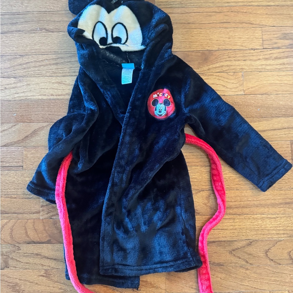 Disney Black Plush Hooded Robe with Mickey Face and Red Trim